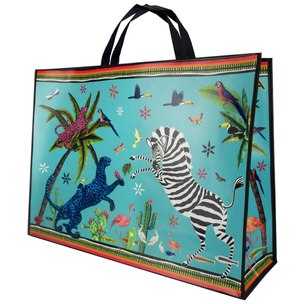 borsa da spiaggia di ortigia colore azzutto con una zebra e un leopardo