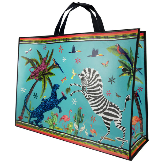 borsa da spiaggia di ortigia colore azzutto con una zebra e un leopardo