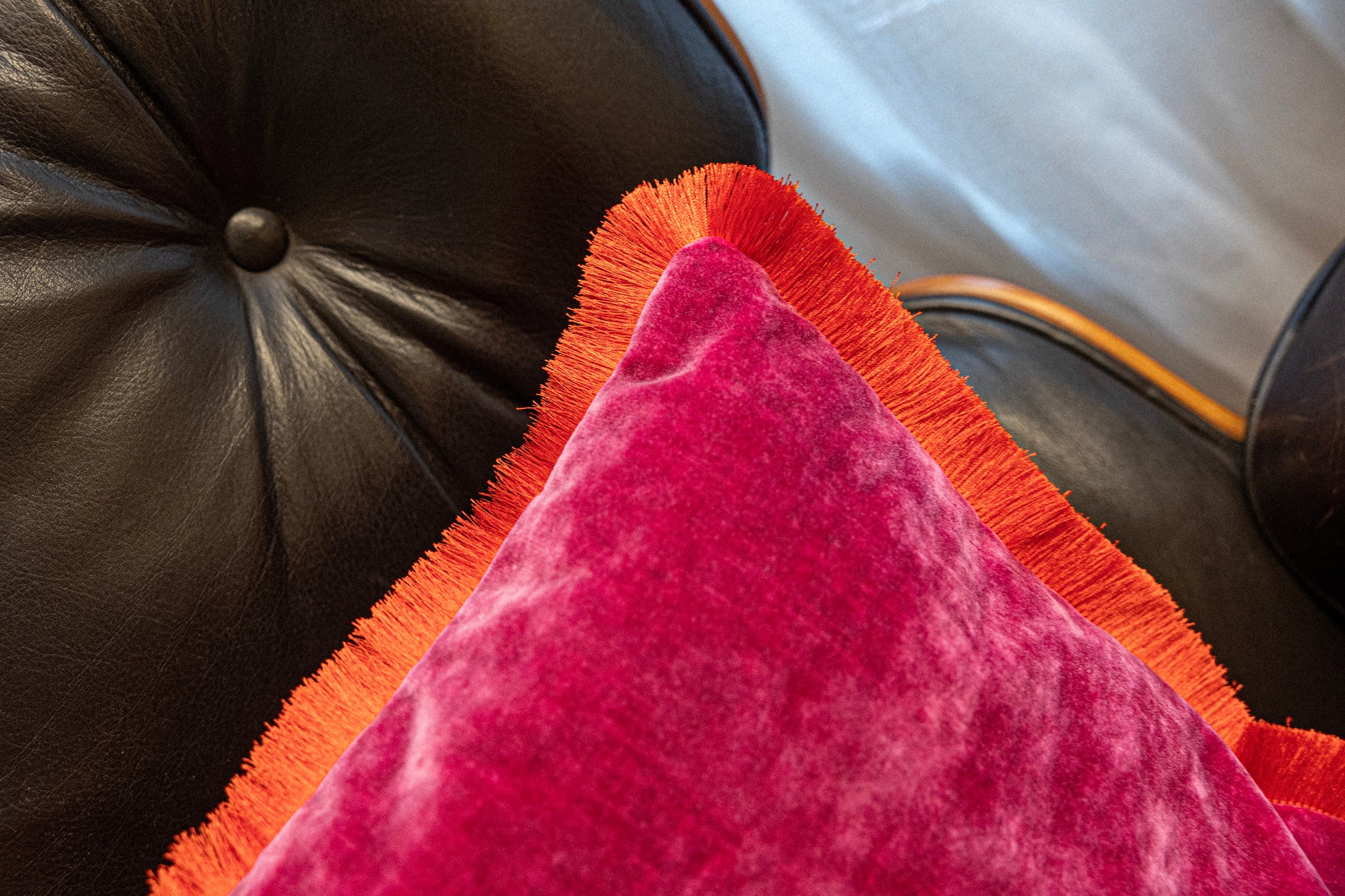 red satin cushion handmade with velvet back in pink color and with red frill