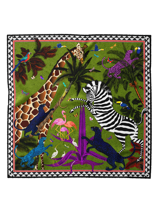 Foulard colorido con animales como una cebra, una jirafa y flamencos sobre fondo verde de Ortigia Sicilia