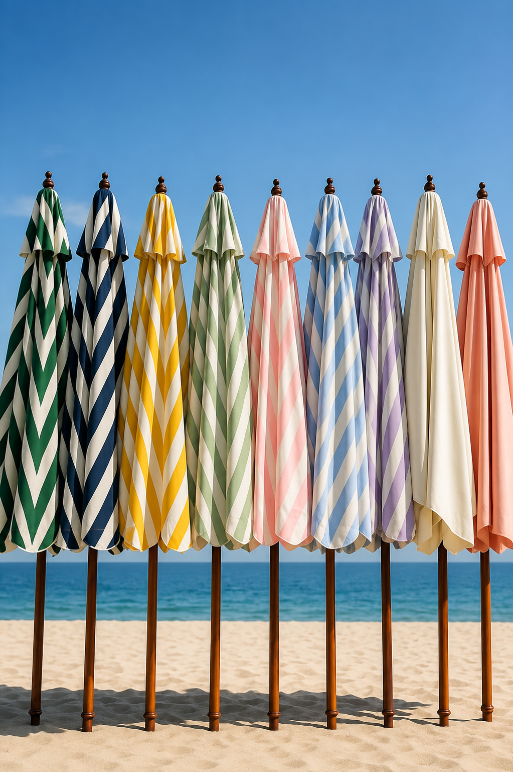 Nine beach umbrellas with colorful diagonal stripes stand in a row on a sandy beach with the blue ocean and sky in the background.