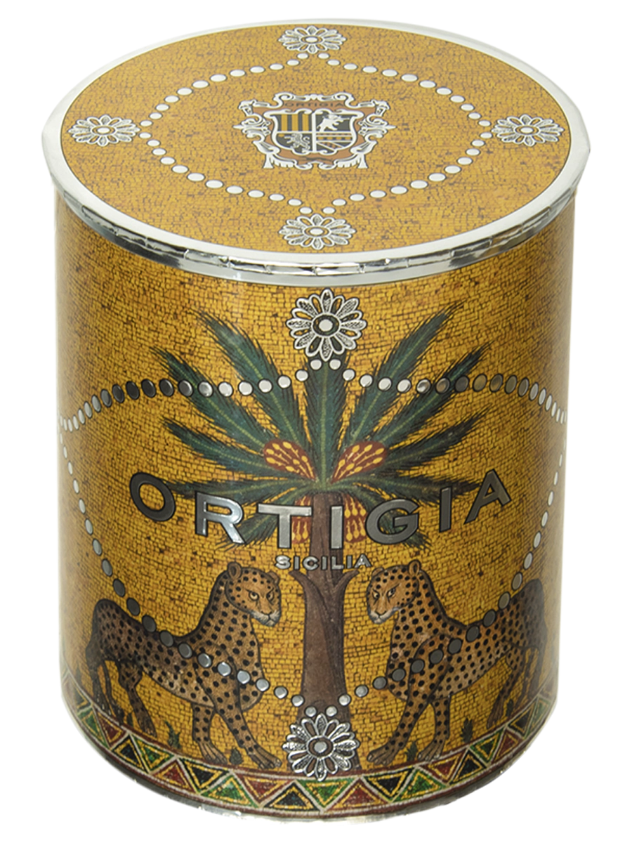 Zagara vela con envase decorado con palmera y leopardos y Ortigia en color plateado