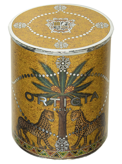 Zagara vela con envase decorado con palmera y leopardos y Ortigia en color plateado