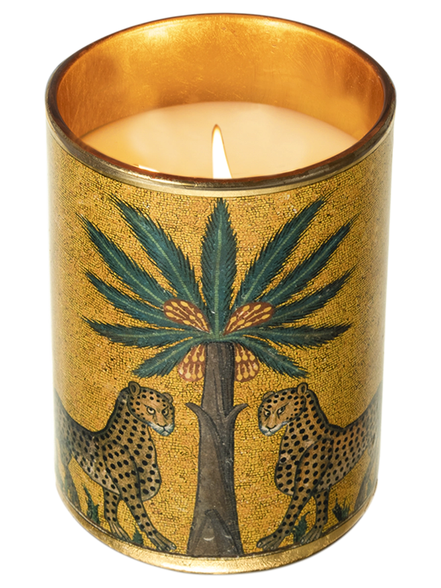 Zagara vela con envase decorado con palmera y leopardos y Ortigia en color plateado