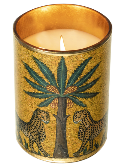 Zagara vela con envase decorado con palmera y leopardos y Ortigia en color plateado