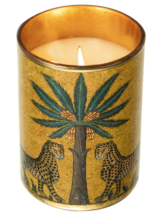 Zagara vela con envase decorado con palmera y leopardos y Ortigia en color plateado