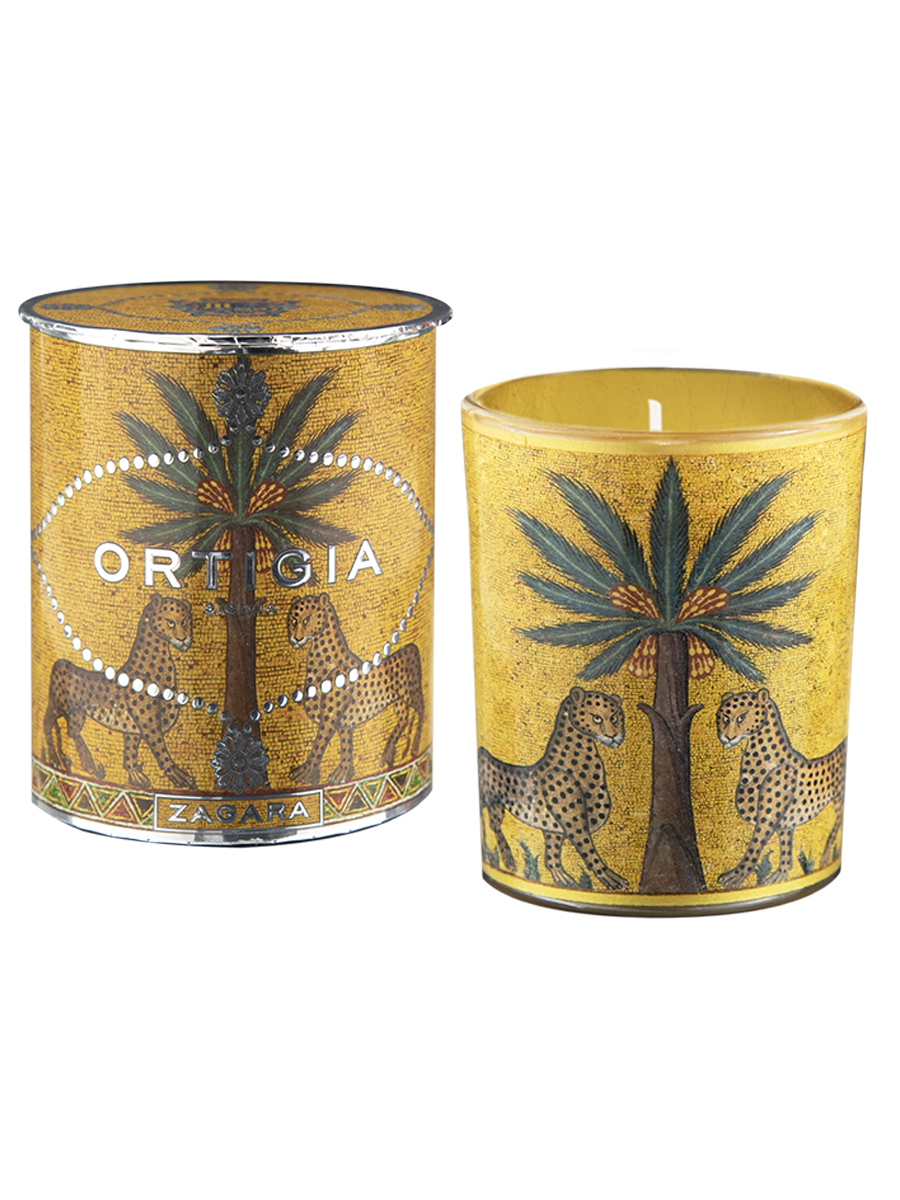 Zagara vela con envase decorado con palmera y leopardos y Ortigia en color plateado