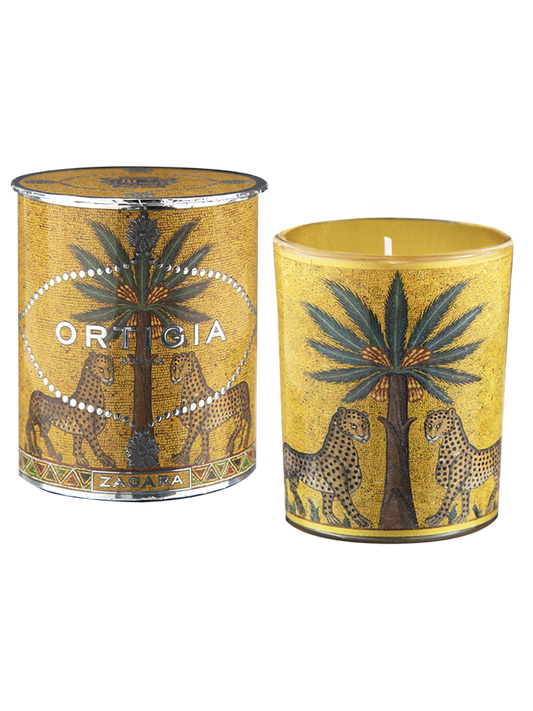 Zagara vela con envase decorado con palmera y leopardos y Ortigia en color plateado